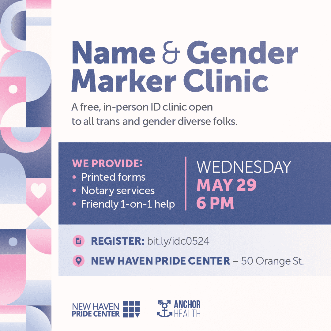Graphic promoting our name and gender marker clinic on Wednesday, May 29. Most of the text repeats from the caption except, “We provide: printed forms, notary services, and friendly one-on-one help” and “register: bit.ly/idc0524.” New Haven Pride Center’s and Anchor Health’s logos are at the bottom.