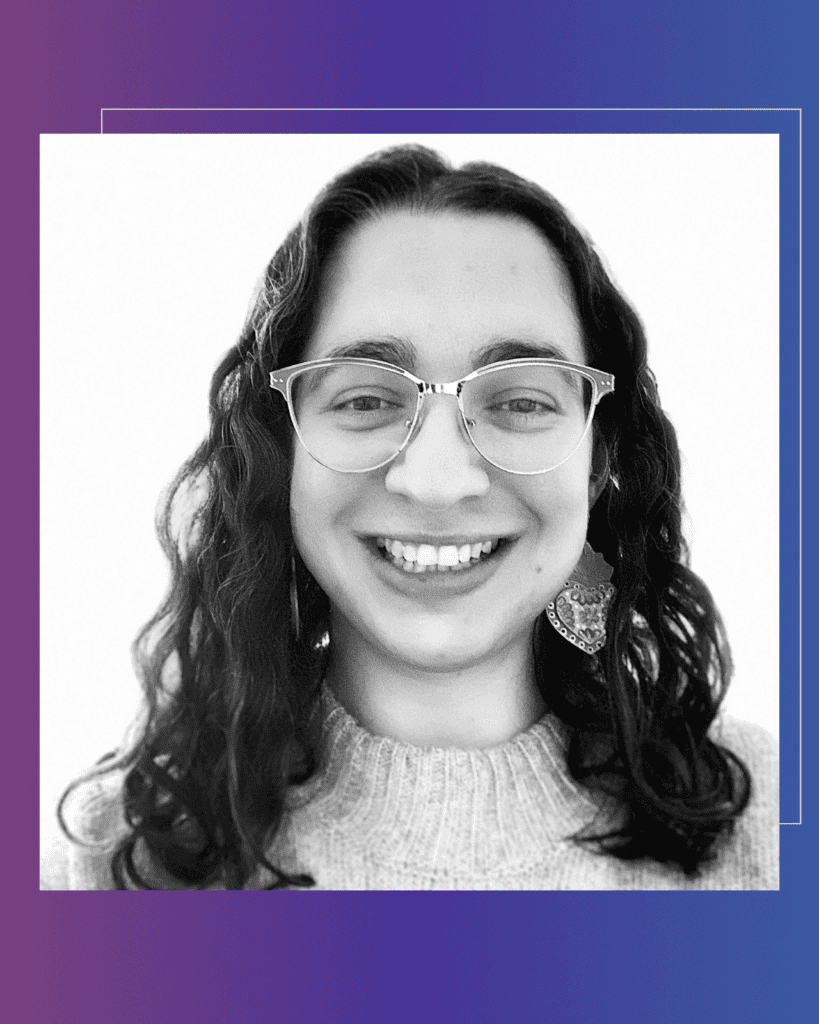 A photo of Mallory James Sanchez against a gradient background.